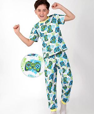 Pine Kids Single Jersey Knit Half Sleeves Night Suit With Gaming Controller Print - White