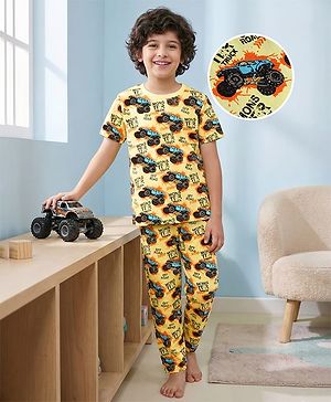 Pine Kids Single Jersey Knit Half Sleeves Night Suit with Monster Truck Print - Yellow