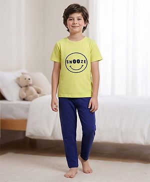 Pine Kids Single Jersey Knit Half Sleeves Night Suit With Text Print - Neon Green & Navy Blue