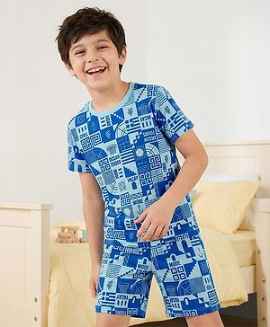 Pine Kids Single Jersey Knit Half Sleeves Shorts Night Suit with Vacay Mode On Text Print - Blue