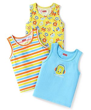 Babyhug 100% Cotton Knit Sleeveless Sando Vests With Stripes & Alphabet Print Pack of 3 - Blue & Yellow