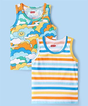 Babyhug 100 % Cotton Knit Sleeveless Sando with Sky Print & Stripes Pack of 2 - Multicolor