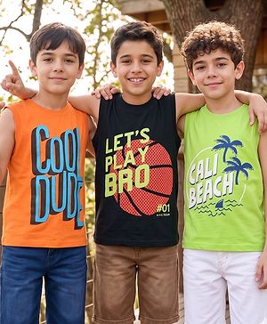 Pine Kids Cotton Knit Sleeveless Tank T-Shirts with Cool Dude Text Print Pack of 3 - Black Orange & Light Green