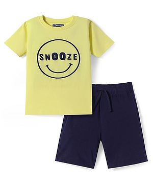 Pine Kids Single Jersey Knit Half Sleeves Night Suit With Text Print - Lemon Yellow & Navy Blue