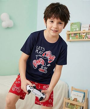 Pine Kids Single Jersey Knit Half Sleeves Short Night Suit  With Gaming Controller Print - Navy Blue & Red