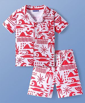 Pine Kids Single Jersey Knit Half Sleeves Shorts Night Suit with Beach Theme Print - Red