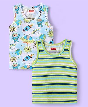 Babyhug 100% Cotton Knit Sleeveless Sando with Stripes & Space Print Pack of 2 -  Light Blue & Green