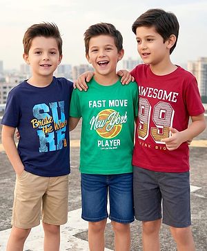 Pine Kids Cotton Knit Half Sleeves T-Shirts With Surf Theme Text Print Pack of 3 - Navy Blue Green & Red