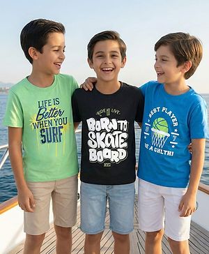 Pine Kids Cotton Knit Half Sleeves T-Shirts with Text Print Pack of 3 - Blue Black & Light Blue