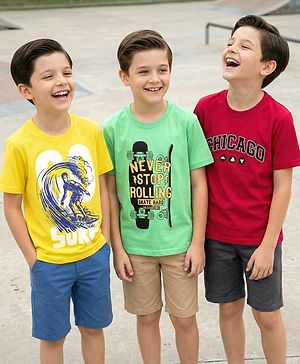 Pine Kids Cotton Knit Half Sleeves T-Shirts with Text Print Pack of 3 - Red Yellow & Light Green