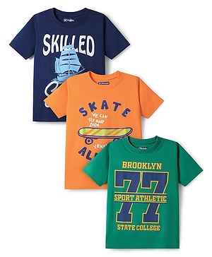 Pine Kids Cotton Knit Half Sleeves Printed T-Shirts Pack of 3 - Green Orange & Navy Blue