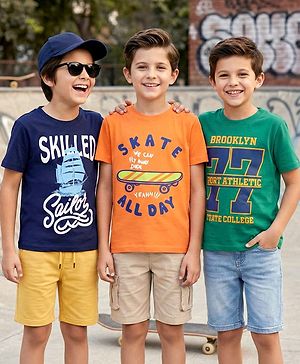 Pine Kids Cotton Knit Half Sleeves Printed T-Shirts Pack of 3 - Green Orange & Navy Blue