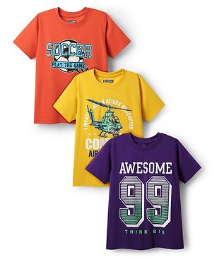 Pine Kids Cotton Knit Half Sleeves T-Shirts with Text Print Pack of 3 - Yellow Purple & Orange