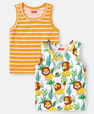 Babyhug 100% Cotton Knit Sleeveless Sandos with Stripes & Jungle Theme Print Pack of 2 - White