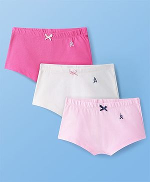 Pine Kids Cotton Lycra Knit Panties with Bow Applique & Brand Logo Print Pack of 3 - White & Pink