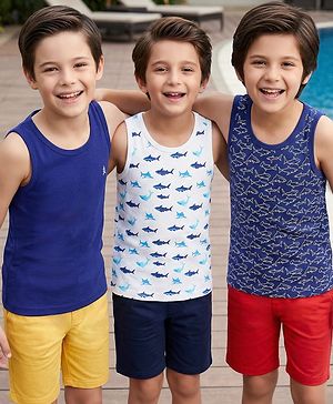 Pine Kids Cotton Knit Sleeveless Fish Printed Vests Pack of 3 (Colour & Print May Vary)