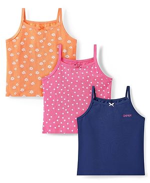 Pine Kids Cotton Lycra Knit Sleeveless Slips With Floral & Star Print Pack of 3 - Orange Pink & Navy Blue