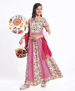 Pine Kids Cotton Woven Half Sleeves Choli Lehenga Set with Dupatta & Floral Print & Lace Detailing - Pink & White