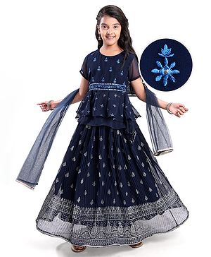 Pine Kids Woven Half Sleeves Choli Lahenga & Dupatta Set with Floral  Embroidery & Foil Print- Navy
