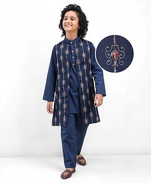 Pine Kids Woven Full Sleeves Sequin Embroidered Kurta Pyjama Set with Jacket - Navy Blue