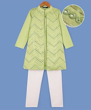 Pine Kids Woven Full Sleeves Kurta Pyjama Set with Sequin Detailing Jacket - Lime Green