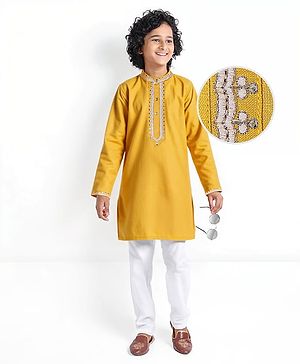 Pine Kids Woven Full Sleeves Sequined Embroidery Kurta Pyjama Set - Mustard