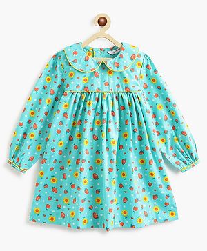 Campana 100% Cotton Full Sleeves Strawberries & Flowers Printed Dress With Collar - Turquoise