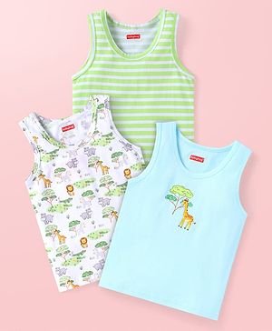 Babyhug Single Jersey Knit Sleeveless Striped & Animal Print Sando Pack of 3 - Light Green Light Blue & White