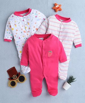 BUMZEE Cotton Knit Pack Of 3 Full Sleeves Striped & Strawberry Printed Footed Sleepsuits - Pink & Multi Colour