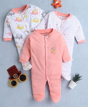 BUMZEE Cotton Knit Pack Of 3 Full Sleeves Striped & Elephant Printed Footed Sleepsuits - Peach & White