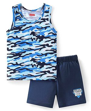 Babyhug 100% Cotton Knit Camouflage Printed Sleeveless Sando & Shorts Set - Navy Blue