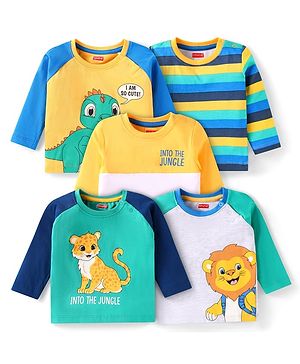 Babyhug Cotton Knit Full Sleeves T-Shirts with Stripes & Animal Print Pack of 5 - Multicolor