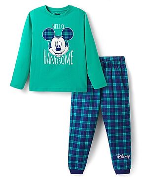 Pine Kids Disney Single Jersey Knit Full Sleeves Nightsuit With Mickey Mouse Graphic - Green & Navy Blue