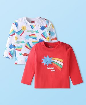 Babyhug Cotton Knit Full Sleeves T-Shirts with Rainbow Print Pack of 2 - White & Red