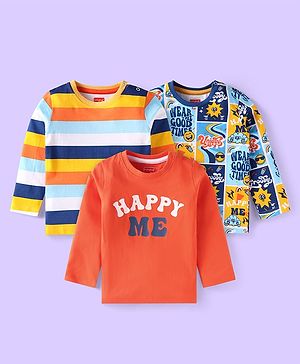 Babyhug Cotton Knit Full Sleeves T-Shirt with Text Print & Stripes Pack of 3 - Coral & White