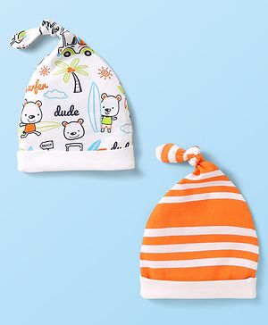 Babyhug 100% Cotton Knit Striped & Animal Printed Caps With Knot Design Pack of 2 - Orange & White