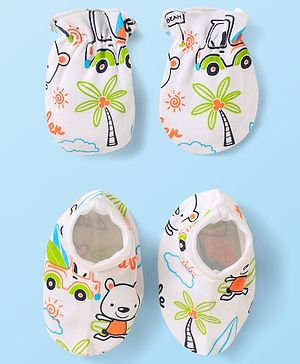 Babyhug 100% Cotton Knit Mittens & Booties With Animal Print - White