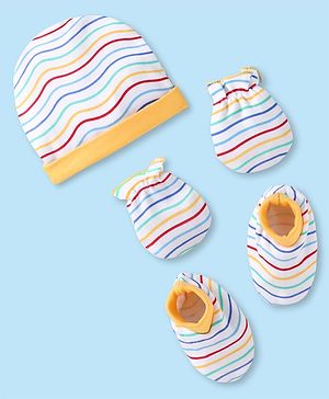Babyhug 100% Cotton Knit Striped Cap Mittens & Booties Yellow - Diameter 9 cm