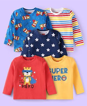 Babyhug Cotton Knit Full Sleeves T-Shirts with Tiger Stars Text Print & Stripes Pack of 5 - Red