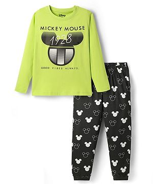 Pine Kids Disney Single Jersey Knit Full Sleeves Night Suit With Mickey Mouse Graphic - Limegreen  & Black