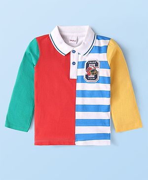 Babyhug Cotton Knit Full Sleeves Cut & Sew Polo T-Shirt with Stripes & Patch Detailing - Multicolor
