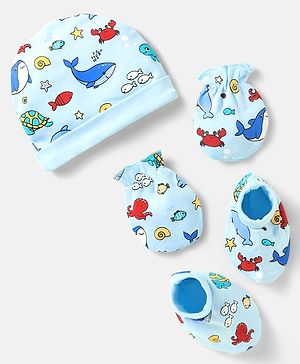 Babyhug 100% Cotton Interlock Knit Cap Mittens & Booties Set With Fish Print Light Blue - Diameter 11.5