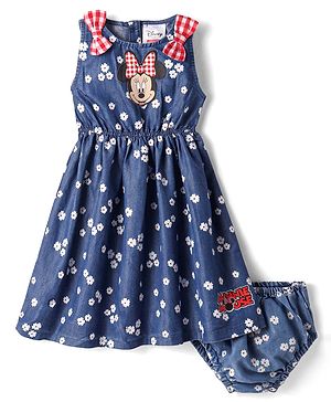 Babyhug Disney Cotton Knit Sleeveless Frock with Bloomer & Minnie Mouse Print Bow Detailing  - Navy Blue