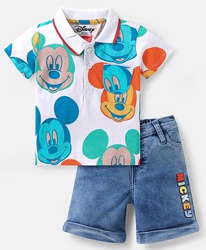 Babyhug Disney Cotton Knit Half Sleeves T-Shirt & Denim Shorts Set with Mickey Mouse Print - White Blue