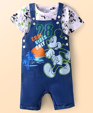 Babyhug Disney Single Jersey Knit Dungaree & Half Sleeves T-Shirt With Mickey Mouse Graphics - Navy Blue & White