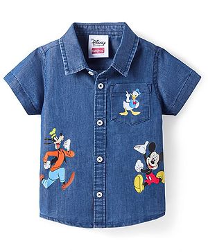 Babyhug Disney Knit Half Sleeves Denim Shirt with Mickey Mouse & Family Graphics  - Navy Blue