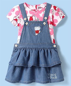 Babyhug Disney Single Jersey Knit Denim Frock & Half Sleeves Top with Winnie the Pooh Graphics - Navy Blue