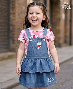 Babyhug Disney Single Jersey Knit Denim Frock & Half Sleeves Top with Winnie the Pooh Graphics - Navy Blue