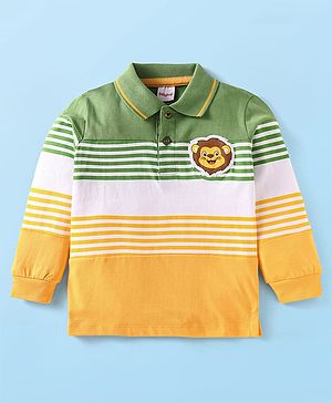 Babyhug Cotton Knit Full Sleeves Polo T-Shirt With Color Block Design & Animal Patch - Yellow & Green