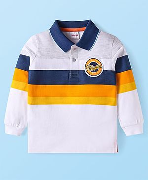 Babyhug Cotton Knit Full Sleeves Polo T-Shirt With Cut & Sew Design & Text Patch - White